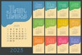 Calendar 2023. Colorful calender. Vector hand drawn design. Doodle English lettering collection. Hearts and lines