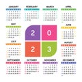 Calendar 2023. Colorful english square calender. January, February, March, April, May, June, July, August, September