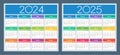 Calendar 2024, 2025. Colorful set. Russian language. Week starts on Monday