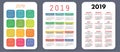 Calendar 2019. Colorful set. Week starts on Sunday. Basic grid