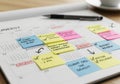 Calendar with colorful sticky notes and a pen for planning Royalty Free Stock Photo