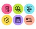 Calendar, Confirmed and Certificate icons set. Creativity, User and Online accounting signs. Vector