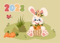 Calendar 2023 cover. Horizontal planner with happy cute bunny. Cartoon rabbit character holding basket of carrots. Vector flat Royalty Free Stock Photo