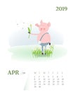 Calendar 2019. Cute April month cartoon calendar with pig character