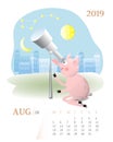 Calendar 2019. Cute August month cartoon calendar with pig character. Royalty Free Stock Photo
