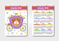 Calendar for 2021 with a cute character. Magic carriage. Pocket size. Fun and bright design. Color isolated vector illustration.