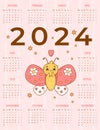 Calendar 2024 Cute enamored butterfly on pink background. Vector vertical template 12 months in English. Week starts on