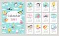 Calendar 2019 with cute forest animals. Hand drawn vector Royalty Free Stock Photo