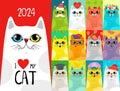 calendar 2024 with cute hand drawn vector cats, calendar 2024 tamplate