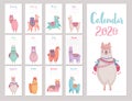 Calendar 2020 with Cute Llamas. Colorful alpacas