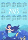 Calendar 2023 with cute mermaid girl and underwater landscape, seabed, fish, pearls and algae. Vector illustration