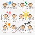 Calendar 2016 with cute monkeys Royalty Free Stock Photo