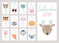 Calendar 2019. Cute monthly calendar with animals. Hand drawn characters. Royalty Free Stock Photo