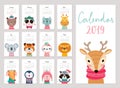 Calendar 2019. Cute monthly calendar with animals. Hand drawn characters. Royalty Free Stock Photo