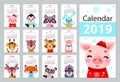 Calendar 2019. Cute monthly calendar with animals. Hand drawn characters. Royalty Free Stock Photo