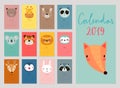 Calendar 2019. Cute monthly calendar with animals. Hand drawn characters Royalty Free Stock Photo