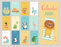 Calendar 2020. Cute monthly calendar with beach animals