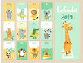 Calendar 2019. Cute monthly calendar with forest animals.