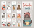 Calendar 2018. Cute monthly calendar with forest animals.