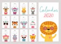 Calendar 2020. Cute monthly calendar with woodland animals. Hand drawn forest characters