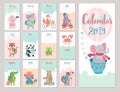 Calendar 2019. Cute monthly calendar with forest animals.