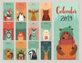 Calendar 2019. Cute monthly calendar with forest animals. Hand drawn style characters. Royalty Free Stock Photo