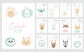 Calendar 2019. Cute monthly pages with animals Royalty Free Stock Photo