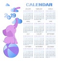 CALENDAR 2019 with a cute pink elephant and clouds.