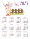 Calendar 2023 with cute rabbit farmer with rake, fence and butterfly. Bunny is symbol of 2023 to eastern horoscope