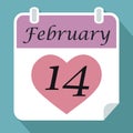 Calendar date fourteenth February with pink red Heart on blue ba