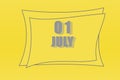 Calendar date in a frame on a refreshing yellow background in absolutely gray color. July 1 the first day of the month