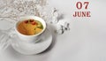 calendar date on light background with a porcelain cup of green tea, white gypsophila and angels with copy space. June 7 Royalty Free Stock Photo