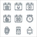 Calendar and date line icons. linear set. quality vector line set such as bell, calendar, smartwatch, chronometer, calendar,