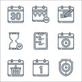 calendar and date line icons. linear set. quality vector line set such as guarantee, first, calendar, time, clipboard, hourglass,