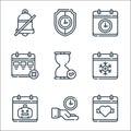 Calendar and date line icons. linear set. quality vector line set such as valentines day, save time, halloween, winter, hourglass