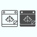 Calendar date line and solid icon. Maple leaf on pocketbook page with bent corner. Autumn season vector design concept