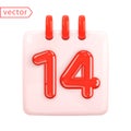 Daily calendar with date 14. Number in red on a pink sheet. Valentine`s Day - February 14th. Holiday of all lovers. Realistic 3D