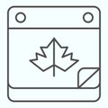 Calendar date thin line icon. Maple leaf on pocketbook page with bent corner. Autumn season vector design concept