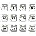Calendar dates icons. Bold number details. Page flip shapes. Black vector outline.