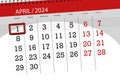 Calendar 2024, deadline, day, month, page, organizer, date, April, monday, number 1 Royalty Free Stock Photo