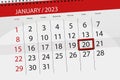 Calendar 2023, Deadline, Day, Month, Page, Organizer, Date, January, Friday, Number 20