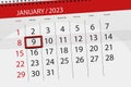 Calendar 2023, Deadline, Day, Month, Page, Organizer, Date, January, Monday, Number 9