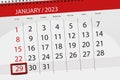 Calendar 2023, Deadline, Day, Month, Page, Organizer, Date, January, Sunday, Number 29