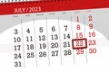 Calendar 2023, deadline, day, month, page, organizer, date, July, saturday, number 22