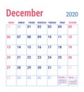 Calendar December 2020. English calender template. Vector grid. Office business planning. Simple design Royalty Free Stock Photo