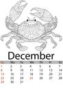 Calendar December month 2019. Antistress coloring crab, mandala, patterns. Crustacean from the seabed. Vector