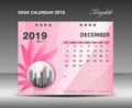 Calendar 2019, DECEMBER Month, Desk Calendar Template vector design, pink flower concept
