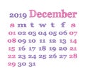 Calendar 2019. December. Vector template. English calender. Week