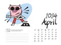 Calendar 2024 design template with Cute Pig vector illustration,April 2024, Lettering, Desk calendar 2024 layout, planner, wall