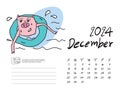 Calendar 2024 design template with Cute Pig vector illustration, December 2024, Lettering, Desk calendar 2024 layout, planner,